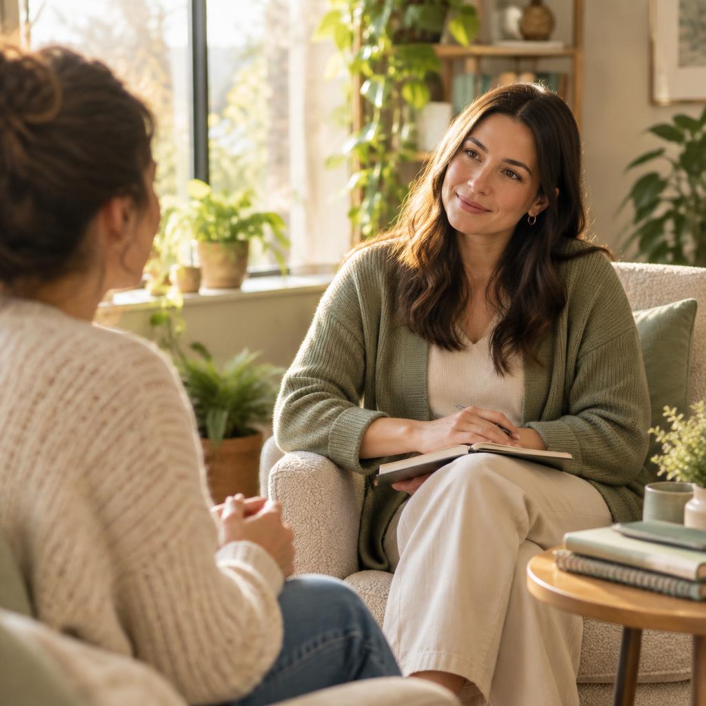 A therapist listening to a client during a warm session in a sunlit office